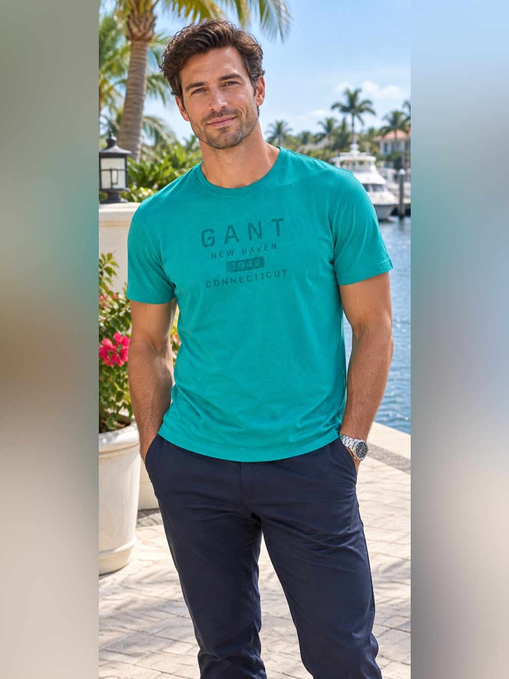 GANT Green Connecticut New Haven Print Logo Tee L